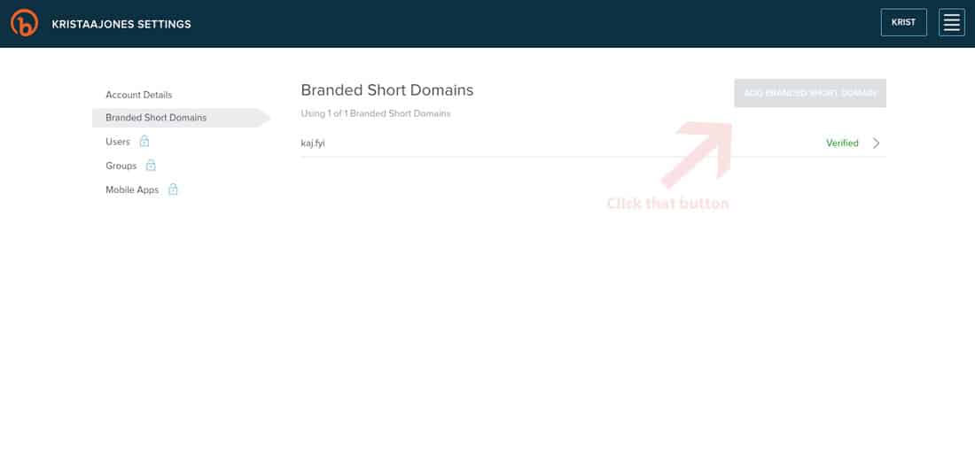 Click Add Branded Short Domain Button