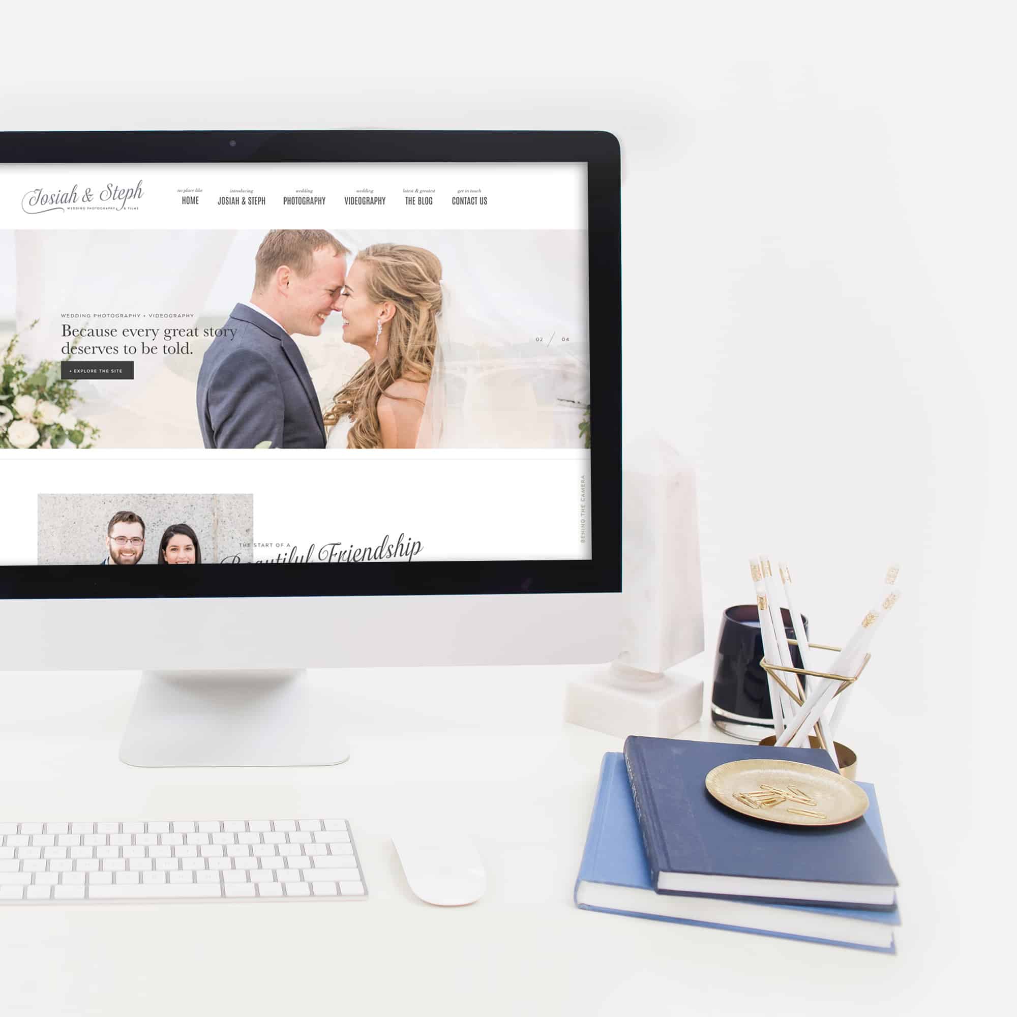 Contemporary art deco inspired Showit + WordPress website design for Philadelphia wedding photographers Josiah & Steph | By Davey & Krista