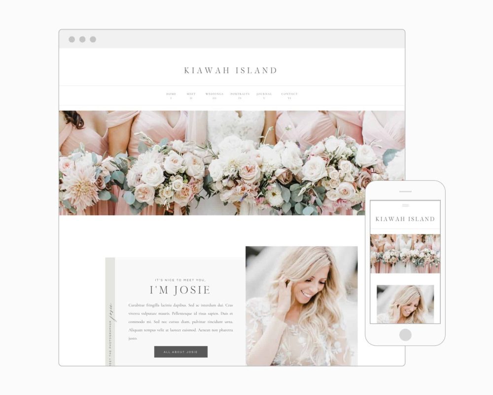Elegant and editorial, Kiawah Island has everything you need to turn site visitors into clients with a built-in logotype, beautifully styled galleries, a newsletter sign up and more! Via Davey & Krista
