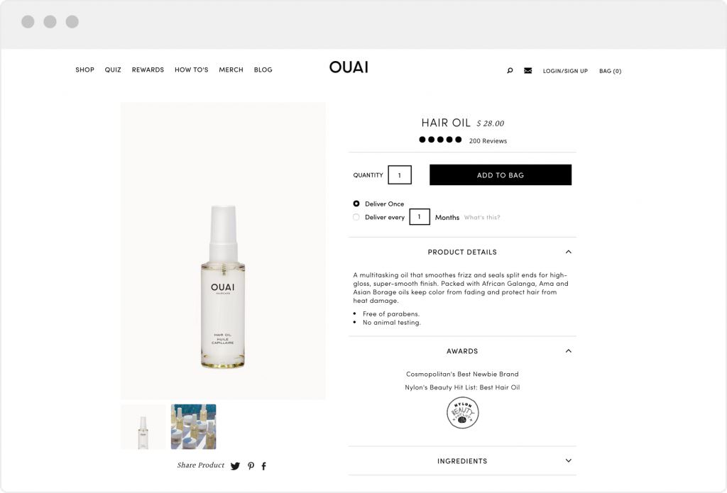 Shopify shop website design for Ouai by Davey & Krista