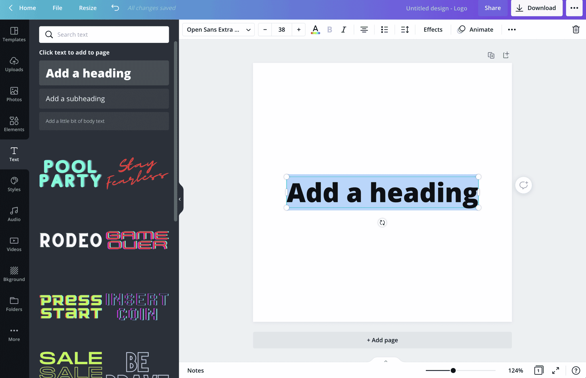 Select “text” from the left side and then “add a heading”. 