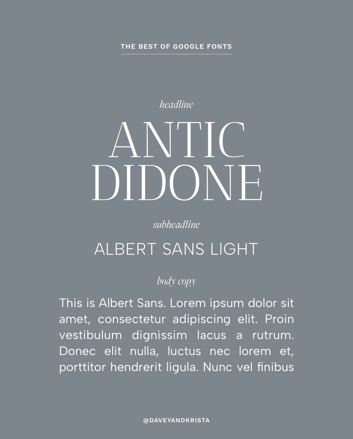 The best free Google Fonts: Antic Didone + Albert Sans Light | Via Davey & Krista

