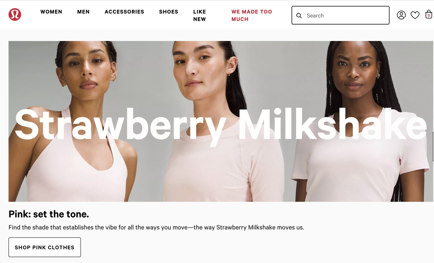 The homepage of Lululemon features pink-toned clothing, a softer take on the bold pinks of 2023.
