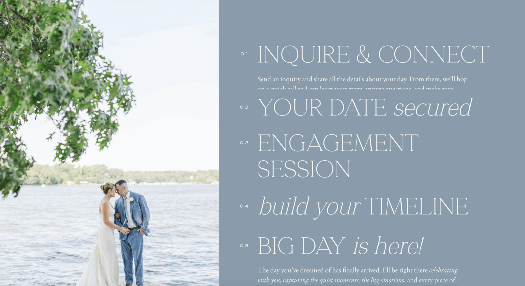 Wedding photography service page design featuring a lakeside couple portrait beside a step-by-step process section titled “Inquire & Connect,” “Your Date Secured,” “Engagement Session,” “Build Your Timeline,” and “Big Day Is Here."