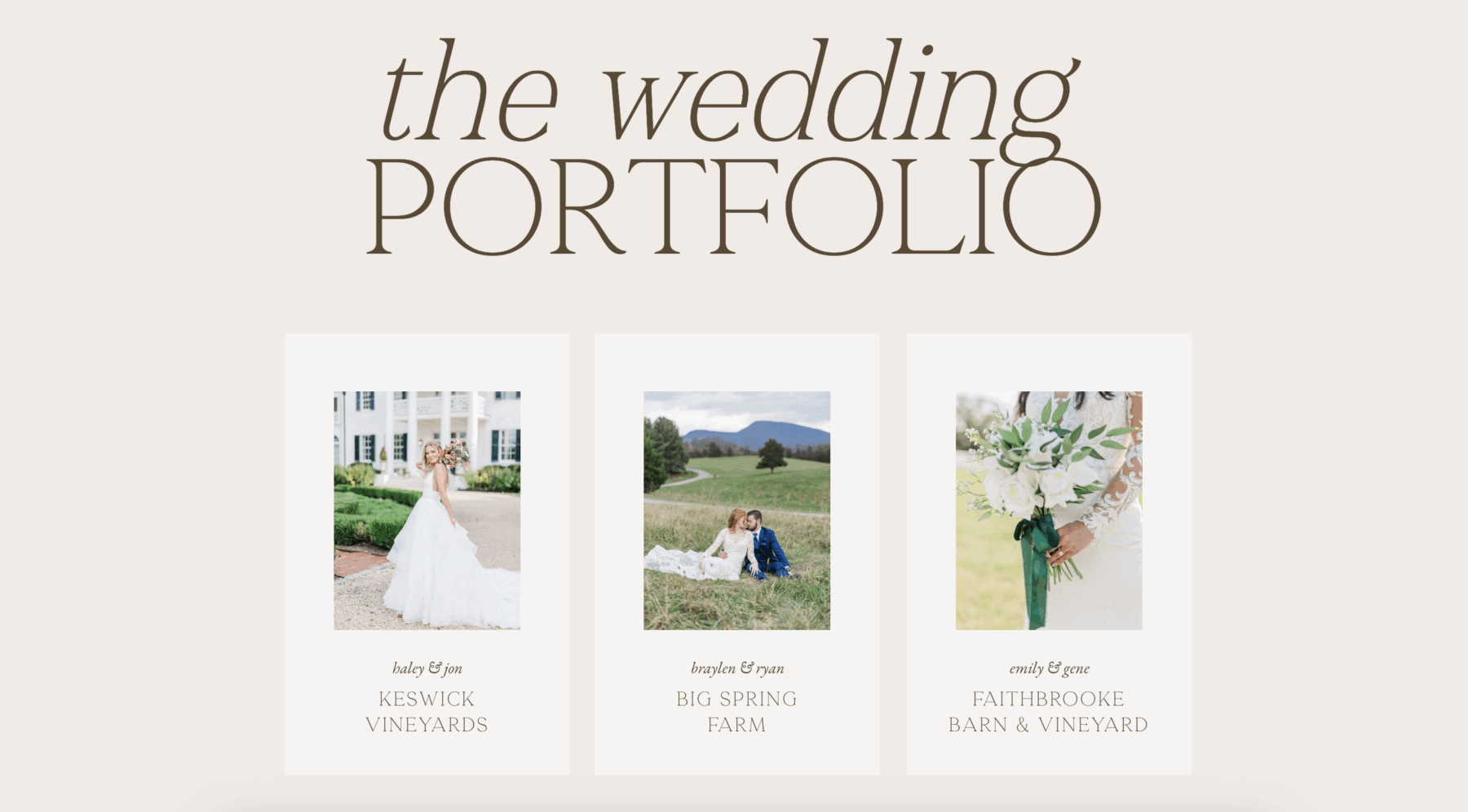 Wedding photography service page design showing a portfolio section with three gallery previews featuring couples and bridal details from Keswick Vineyards, Big Spring Farm, and Faithbrooke Barn & Vineyard.