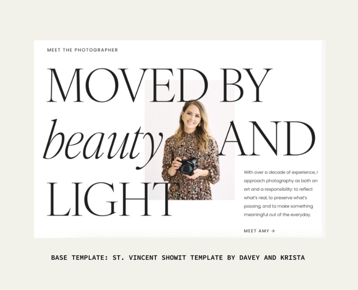 About page section of a Showit Template for photographers featuring a photographer portrait and the headline “Moved by beauty and light.”