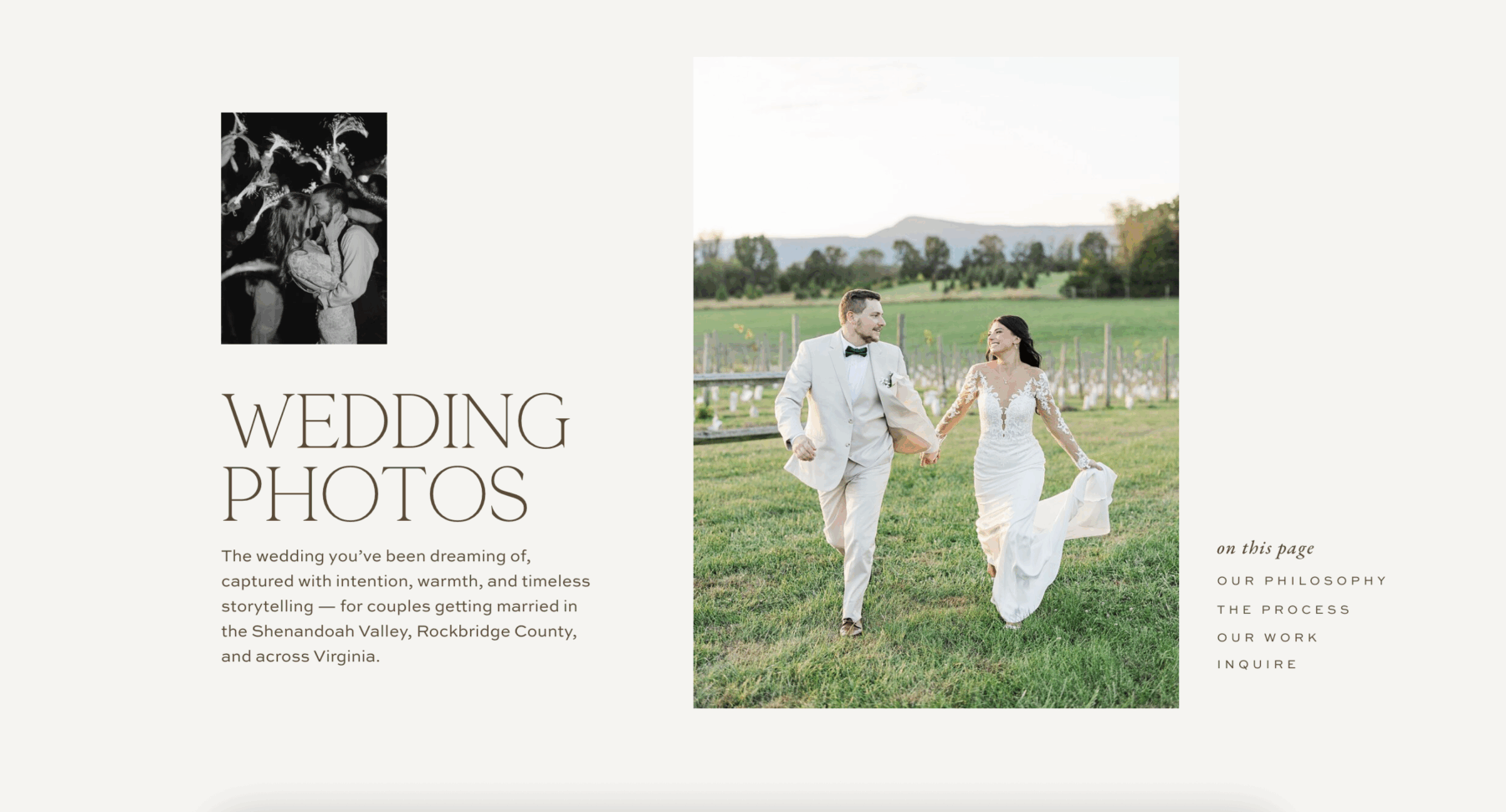 Minimalist wedding photography website service page design featuring a couple running through a field in wedding attire alongside a headline reading “Wedding Photos” with navigation links for philosophy, process, portfolio, and inquiry.
