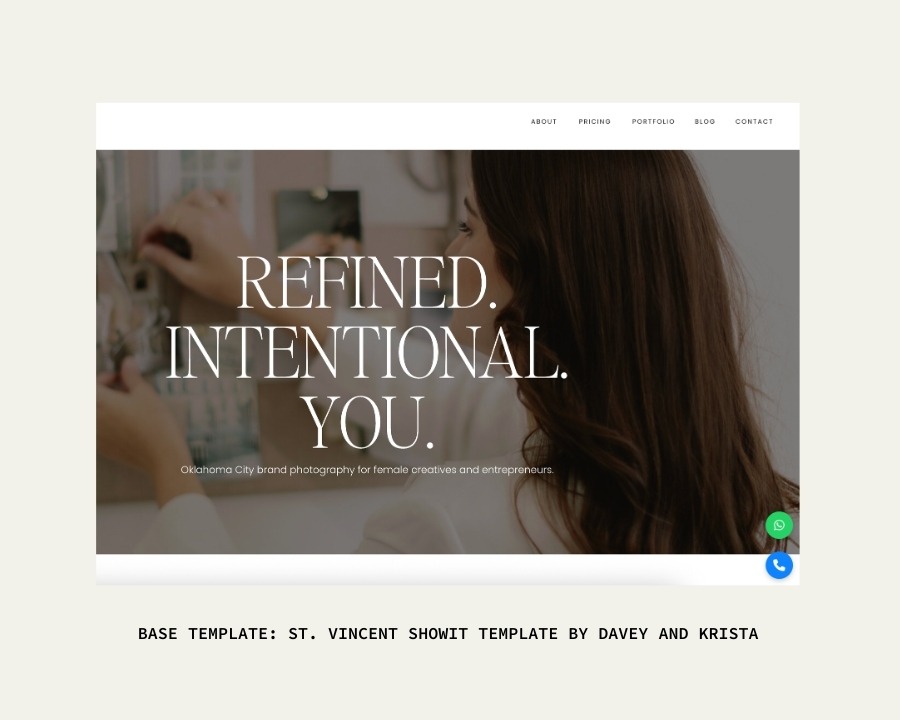 Brand photography homepage design from a Showit Template for photographers featuring the headline “Refined. Intentional. You.”