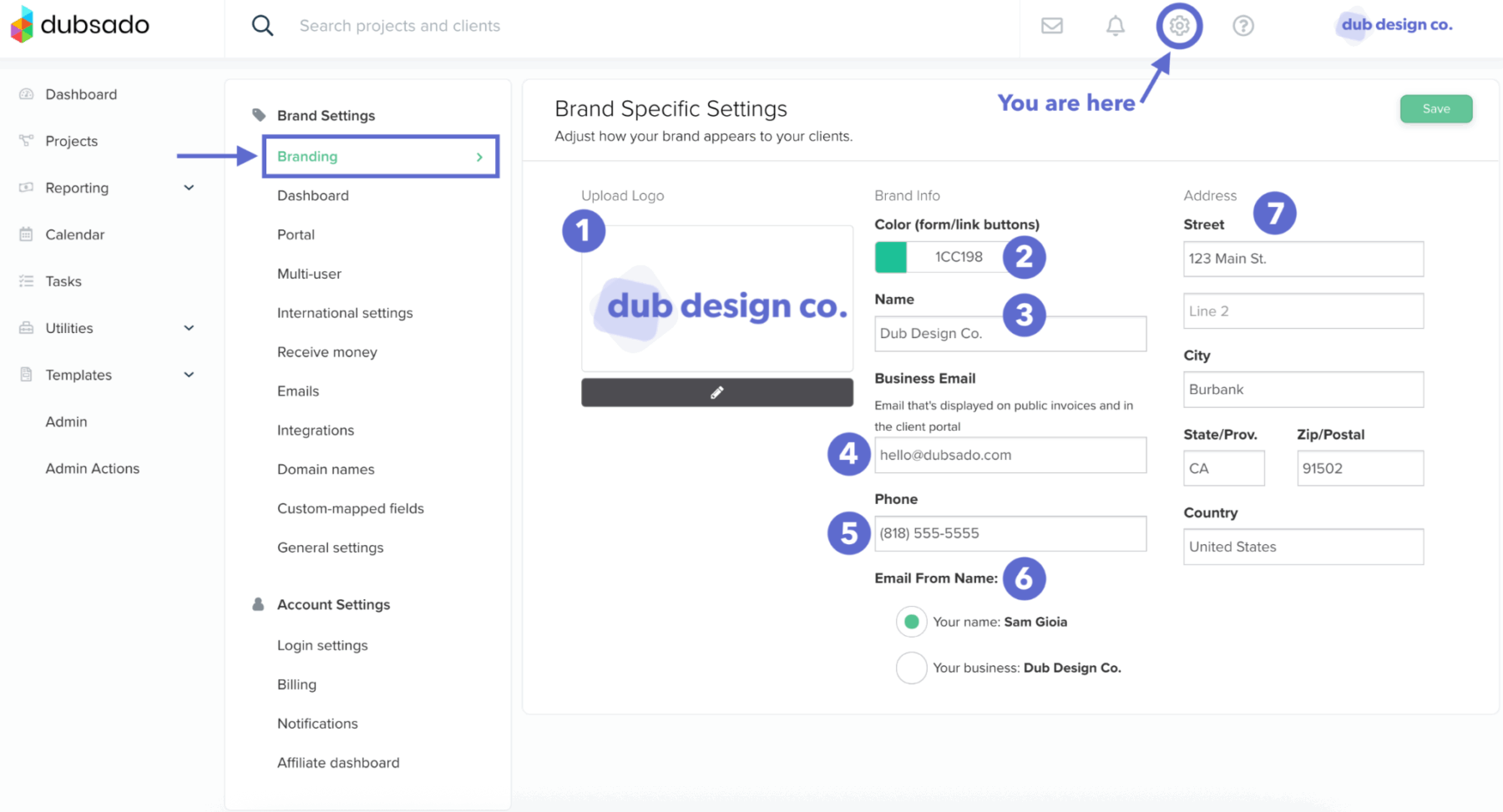 Getting started with Dubsado CRM brand settings page with logo upload, business info, and customization options. Image credit to @Dubsado Help Center. 