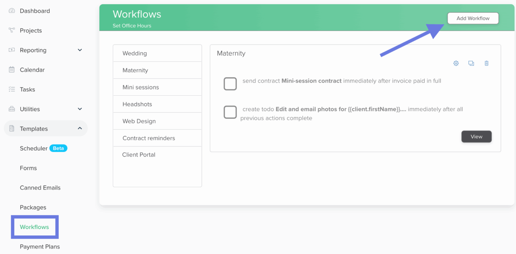 Getting started with Dubsado CRM workflows dashboard showing automation setup and add workflow button- image credit to @Dubsado Help Center. 