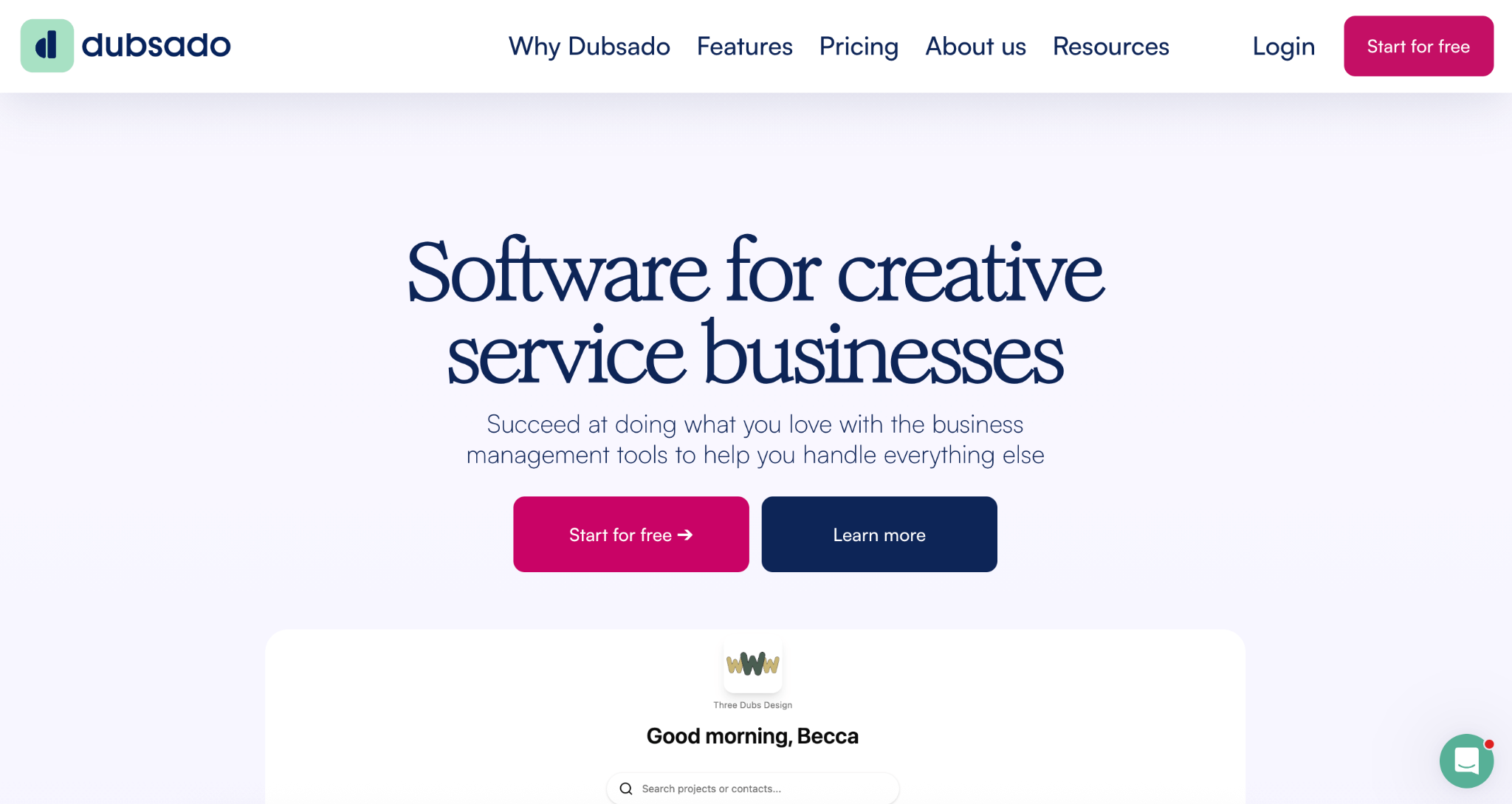 Getting started with Dubsado CRM homepage showcasing software for creative service businesses