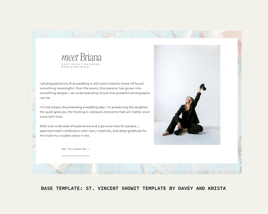 Website Templates for Wedding Photographers: St. Vincent About Me Page