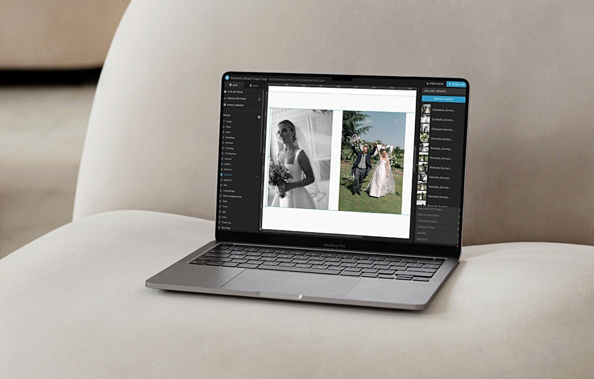 Laptop displaying the Showit website builder interface with a drag-and-drop design layout for creatives.