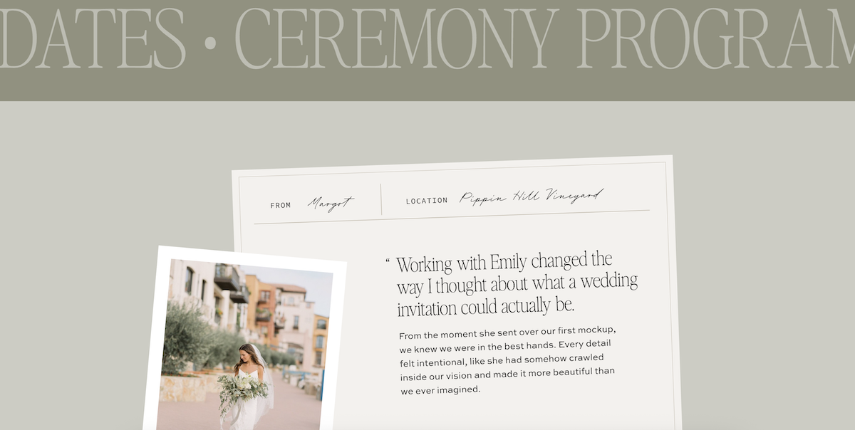 Showit wedding stationery website- Bellagio text example via Davey & Krista