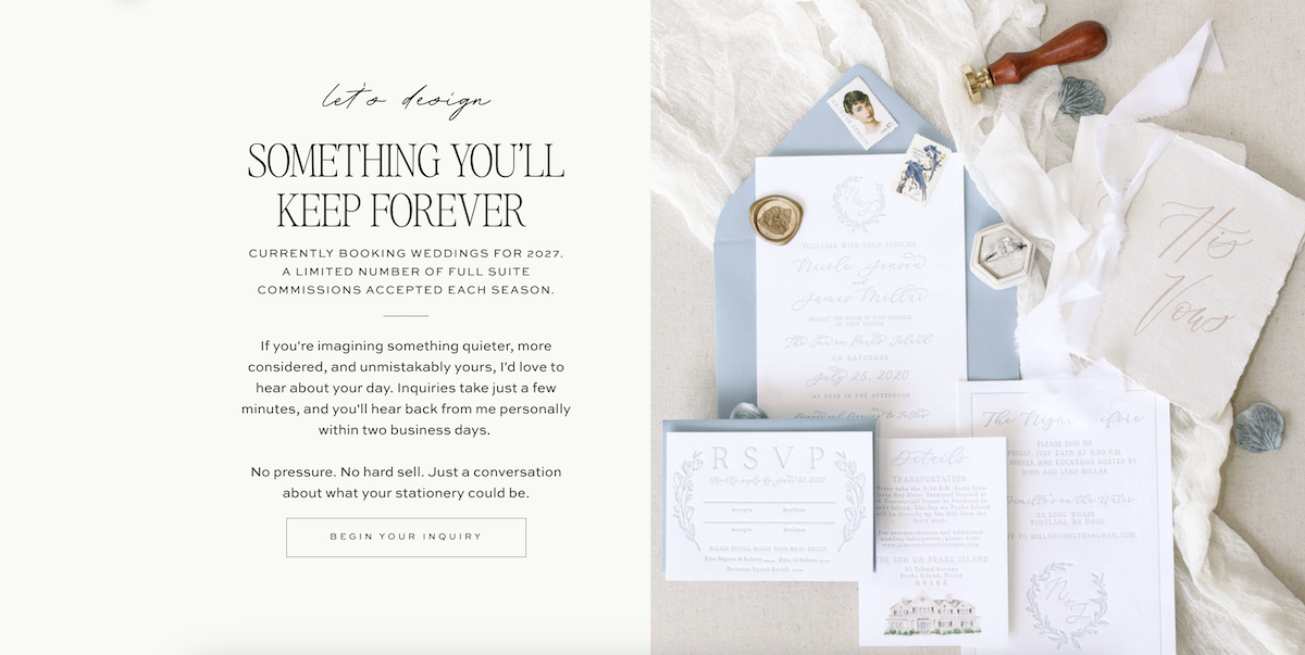 Showit wedding stationery website- Bellagio Inquiry Form via Davey & Krista