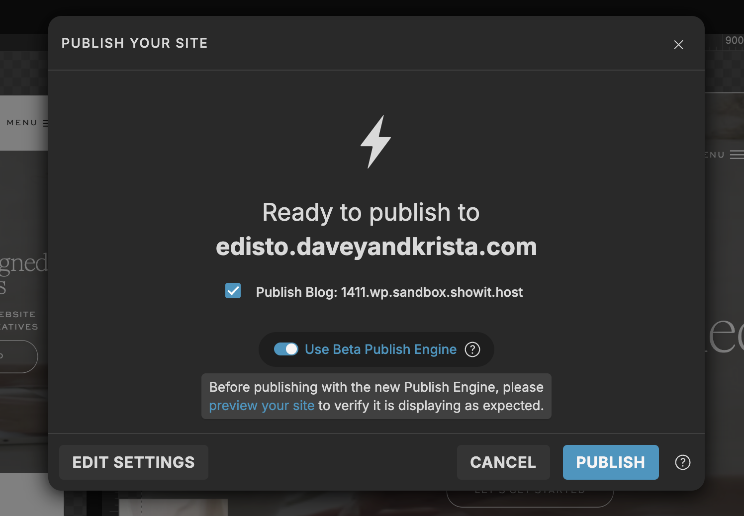 How to change to the Showit Publishing Engine V2