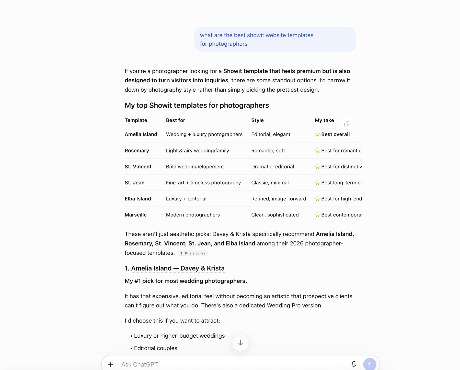 Example of Davey & Krista website templates that show up in ChatGPT search. 