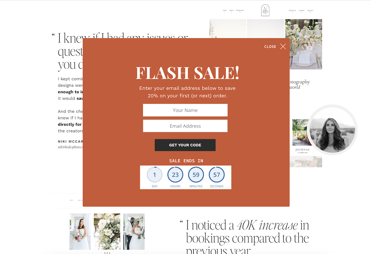 Example of Davey & Krista's BDOW pop-up design as an example of how to add a pop-up to a Showit website.