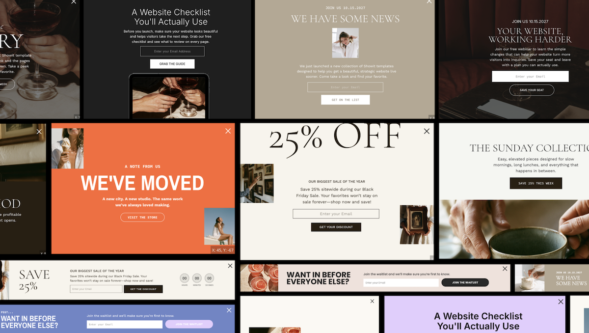 Example of Davey & Krista's BDOW designs as an example of how to add a pop-up to a Showit website.
